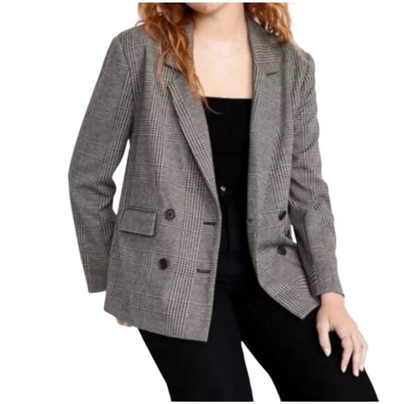 Old Navy Wool-like Double Breasted Blazer Women M Plaid Houndstooth Gray Office - Picture 16 of 16